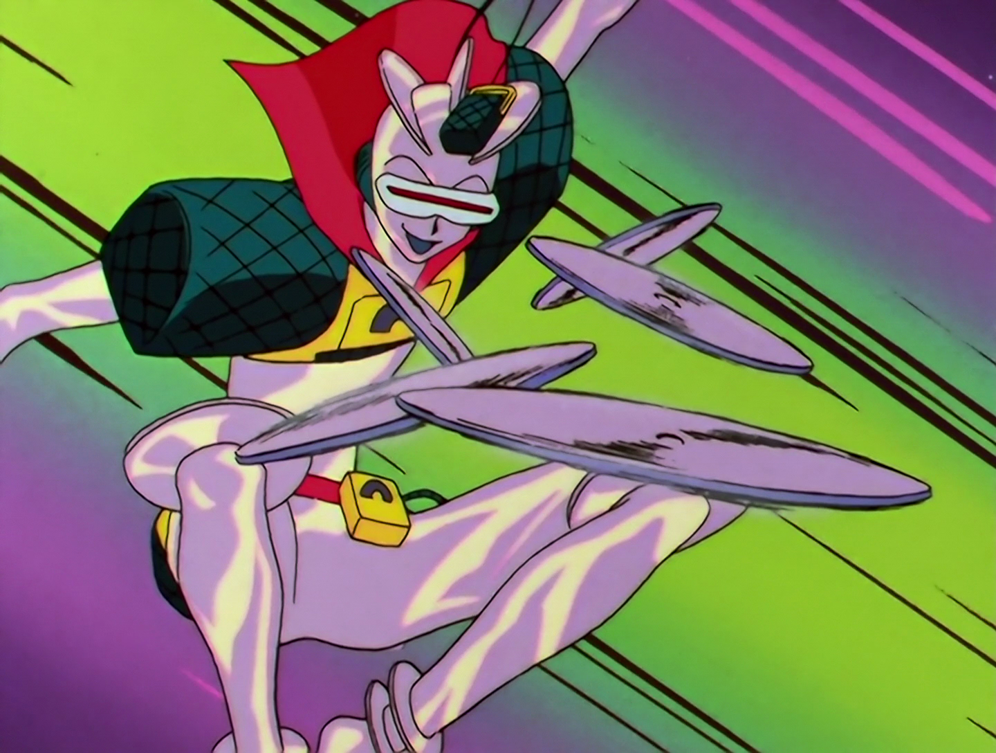 Sailor DJ, a Phage from Sailor Moon episode 189. He’s a shiny metal man with CD adornments on his head and knees. He’s wearing a visor that obscures his eyes, and he has a microphone on his head, plus microphone shoulder pads and a red sailor collar. There is a yellow walkman on his belt, and his upper chest appears to be a yellow tape deck. He’s flinging CDs.